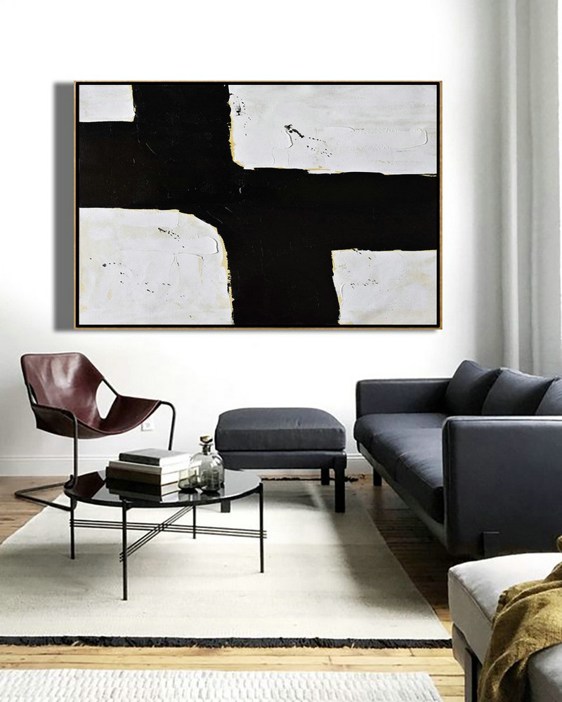 Large Wall Canvas,Horizontal Palette Knife Minimal Canvas Art Painting Black White Beige - Original Abstract Painting Canvas Art